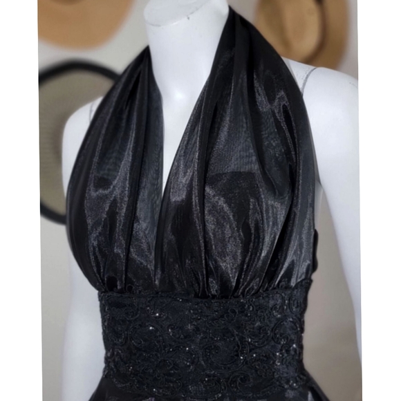 Vintage Up Beat Backless Halter Skater Black Chiffon Dress - Picture 3 of 6